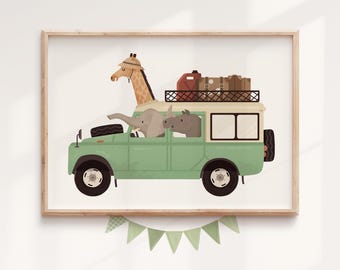 Safari Truck Nursery Print, Jungle Animals Wall Art for Baby Room, Adventure Kids Playroom Decor