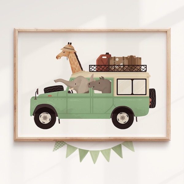 Stampa per cameretta con camion safari, decorazione murale con animali della giungla per la cameretta dei bambini, decorazione per la sala giochi dei bambini avventurosi