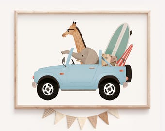 Nursery Animals in Cars Print: Funny Kids Room Decor (Digital Download)
