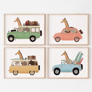 Set di stampe, Promozione, Animali stravaganti, Set per la cameretta dei bambini, Set di arte murale, Arte per la cameretta dei bambini, Animali sulle auto, Set di quattro, Decorazione per la cameretta dei bambini, Arte murale