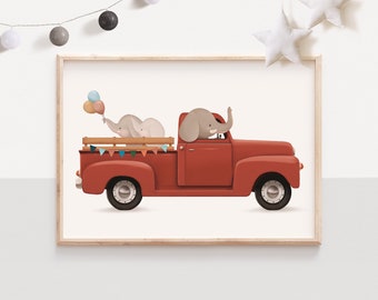 Red pickup Nursery print for children art kids whimsical animals wall art nursery decor cute elephants playroom wall print baby nursery deco