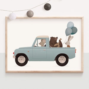 Whimsical animals, Nursery animals art, Animals on cars,  Truck nursery, Bear nursery art, Kids room decor, Nursery wall decor, Blue truck