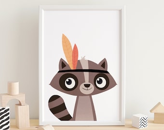 Racoon print, Cute animals, Animals wall art, Nursery decor, Animal nursery decor, Racoon wall art, Kids room decor, Wall art, Nursery print