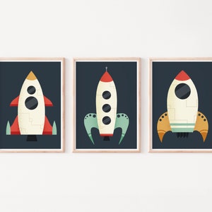 Stampa spaziale, Arte di astronavi, Arte murale per cameretta dei bambini, Decorazioni murali per cameretta dei bambini, Space shuttle, Cameretta dei bambini spaziale, Arte per cameretta dei bambini, Decorazioni per cameretta dei bambini, Set di tre