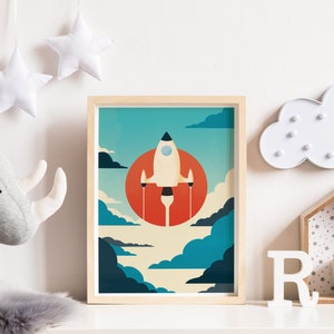 Space print, Spaceship art, Nursery wall art, Nursery wall decor, Retro nursery, Vintage nursery, Kids room art, Kids room decor, Artwork image 3