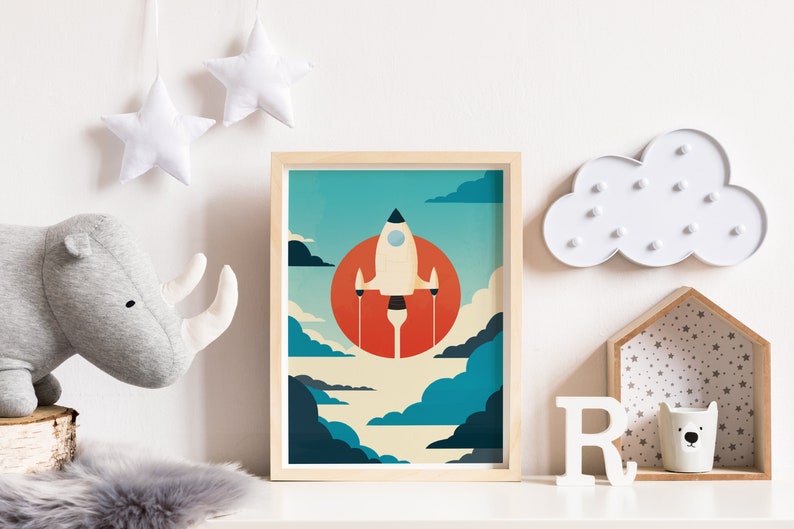 Space print, Spaceship art, Nursery wall art, Nursery wall decor, Retro nursery, Vintage nursery, Kids room art, Kids room decor, Artwork image 3