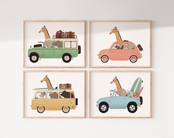 Whimsical Animals Print Set: Nursery Wall Art, Animals on Cars (Digital download)