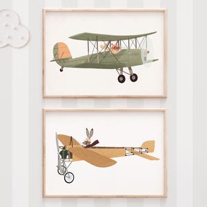 Airplane Nursery Art Print, Aviation Decor for Toddler Boys Room, Transportation Themed Wall Art, Kids Bedroom or Playroom Decor, Set of two