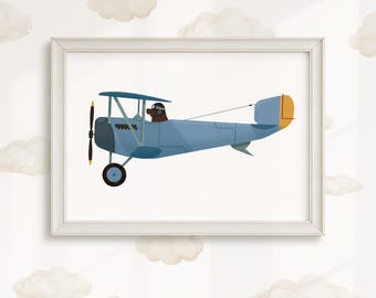 Vintage Airplane Nursery Print: Woodland animals Kids Room Decor