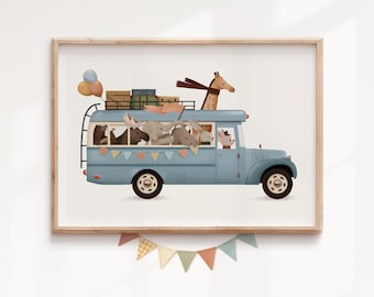 Woodland Animals Print: Whimsical Adventure Bus Nursery Art