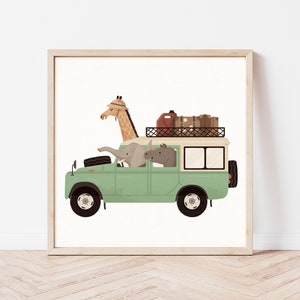 Safari animals, Funny animals art, Nursery animals art, Animals on cars, Elephant nursery art, Giraffe children art, Kids room decor image 3