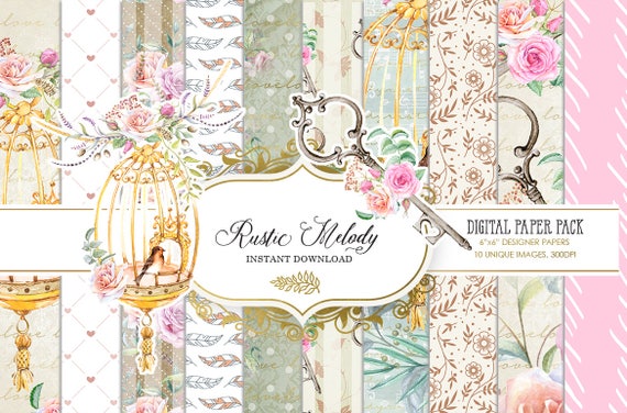 Pack De Papier Romantique Pack De Papier Cage Doiseau Arrière Plans Roses Papier De Cru Modèles Aquarelle Clé Imprimable Planificateur