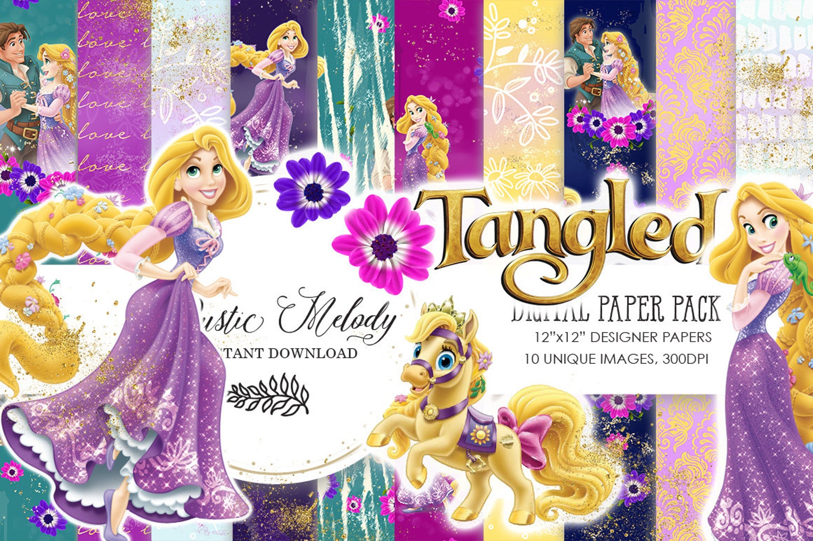 Seamless Rapunzel paper pack Tangled digital papers rapunzel | Etsy