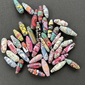 May include: A collection of colorful, patterned paper beads in various sizes and designs. The beads feature a mix of vibrant colors, including red, yellow, blue, and green, with geometric and abstract patterns. These handmade beads are ideal for jewelry making and craft projects.
