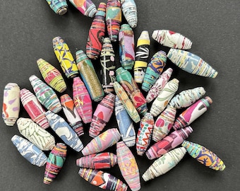 May include: A collection of colorful, patterned paper beads in various sizes and designs. The beads feature a mix of vibrant colors, including red, yellow, blue, and green, with geometric and abstract patterns. These handmade beads are ideal for jewelry making and craft projects.