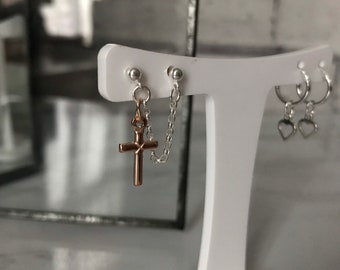 Cartilage earring. Helix earring. Helix piercing. Double earring. Rose Gold Cross Double Piercing Earring