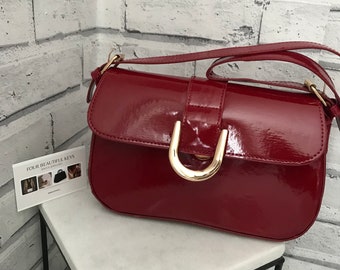 Vintage red bag- Patent Red Shoulder Bag - Cross body Bag- Buckle Bag- Red Bag- Women's Shoulder Bag