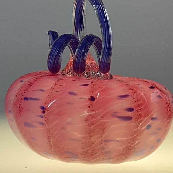 Pink Glass Pumpkin with chips of Purple specks and a Purple Stem - April 2024