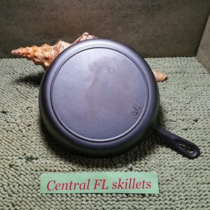 May include: A dark gray cast iron skillet with a handle, resting on a green textured surface. The skillet is round with a flat bottom and a raised rim. The text "8C" is visible on the bottom. A seashell is in the background. The text "Central FL skillets" is on a green label.