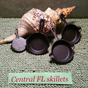 May include: A collection of small, dark brown cast iron skillets with handles, arranged near a large seashell. The skillets vary in size and shape. The text "Central FL skillets" is on a green label.