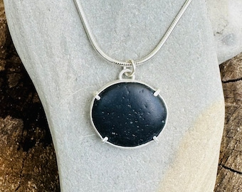 Jet Black Basalt Beach Stone Pendant