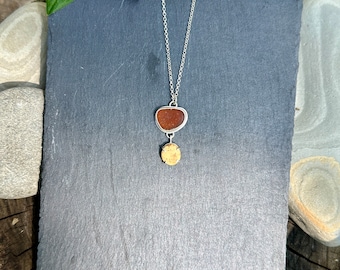 Warm Brown Sea Glass & Beach Stone Pendant.