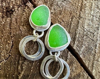 Green Sea Glass Dangle Stud Earrings