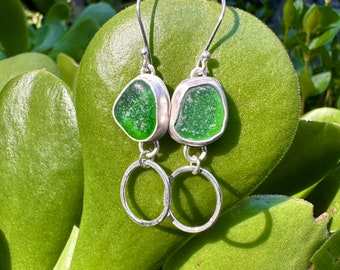 Green Sea Glass Dangle Earrings