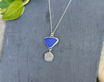 Bright Blue Sea Glass & Beach Stone Pendant.