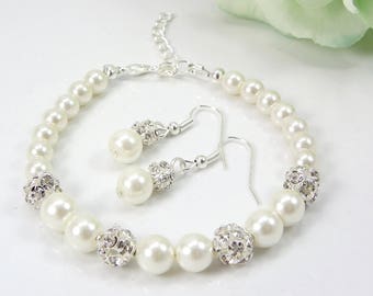Bridesmaid Gift, Pearl Bridal jewelry set, Bridesmaid pearls Bracelet And Earrings pearl Bridesmaid Necklace, Bridal Party Accessories gifts
