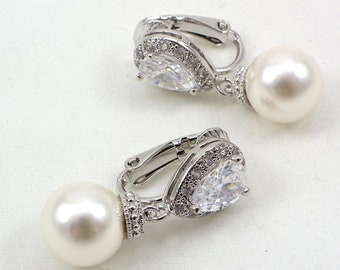 Clip On Pearl Earrings drop, pearl Wedding Jewelry, Prom bridal Earrings, Swarovski Crystal pearl Clip on Earrings silver, Bridesmaid Gift