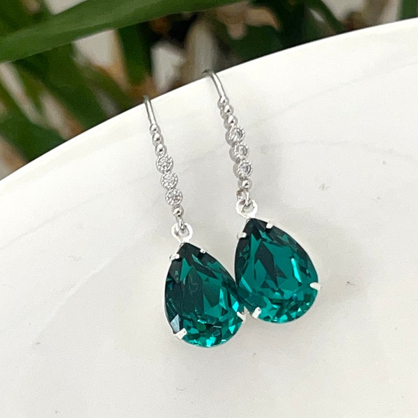 Dark Teal Swarovski Crystal earrings, Teal Green shade Bridal Earrings, Teardrop Zircon crystal Necklace, Bridesmaid Gift, wedding earrings