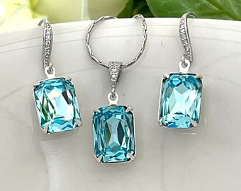 Octagons Light Turquoise Earrings, Teal Blue Bridal Earrings, Sea Green Swarovski Crystal, Aquamarine  Earrings, Bridesmaid Gift
