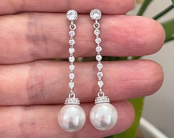 Pearl Earrings drop, Pearl CZ earrings, Pearl wedding earrings, CZ Swarovski crystal Pearl earrings, Bridal prom earrings, Bridesmaid gift