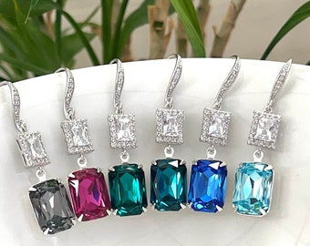 Dark Teal Octagon Crystal earrings, Teal Green shade Bridal Earrings, Teardrop Zircon crystal Necklace, Bridesmaid Gift, wedding earrings