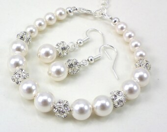 Pearl bracelet and earrings set, Bridal party gift, Bridesmaid gift, Ivory Pearl and Rhinestone Bracelet and Earring Bridal accessories gift