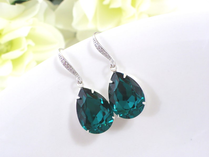 Dark Teal Teardrop Earrings, Green shade Dark teal Zircon Crystal Bridal Jewelry, Bridesmaid Gift, necklace and earring bridal earring image 6