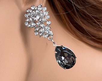 Dark Grey Earrings Drop, Charcoal Teardrop earrings, Necklace Swarovski Crystal Silver Night Wedding Jewelry Gray Black, Bridesmaid Gift