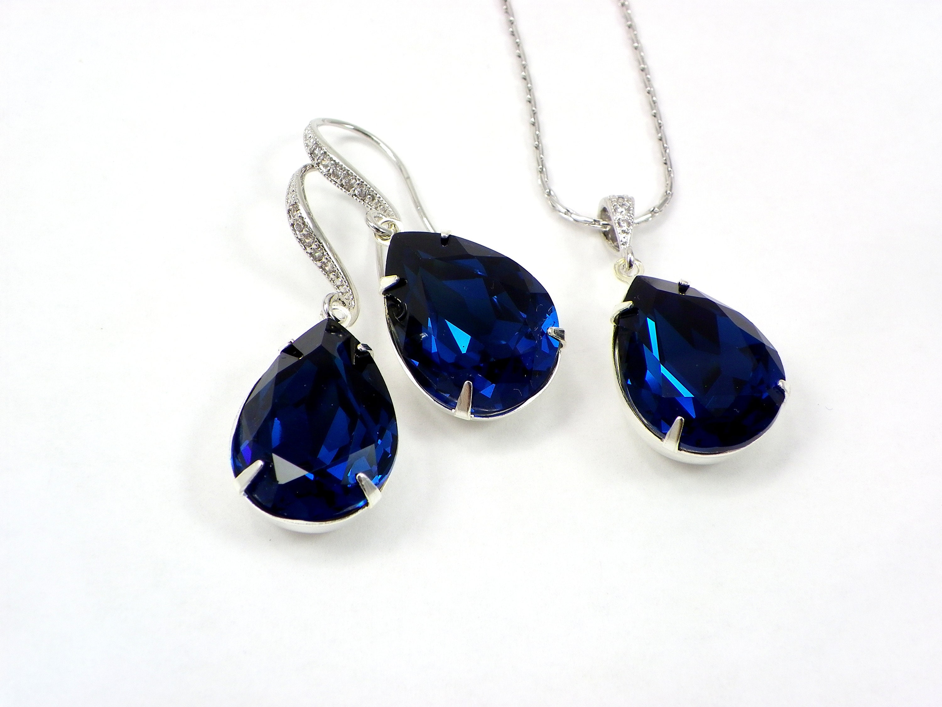 Bridal jewelry set necklace earrings Bridesmaid gifts Royal blue teardrop pendant earrings wedding jewelry wedding Cubic zirconia teardrop