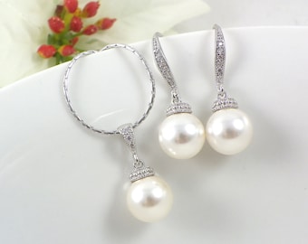 Pearl Necklace and earrings Set, Swarovski Pearl dangle jewelry set, Bridesmaid Gift, Drop pearl Earrings Bridal jewelry party gifts
