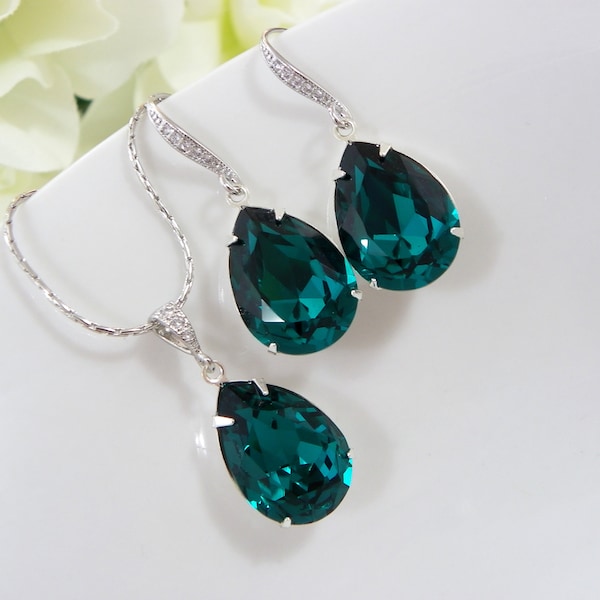 Dark Teal Teardrop Earrings, Green shade Dark teal Zircon Crystal Bridal Jewelry, Bridesmaid Gift, necklace and earring bridal earring