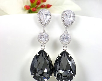 Dark Grey Bridal Earrings, Charcoal Teardrop earrings, Necklace Swarovski Crystal Silver Night Wedding Jewelry Gray Black, Bridesmaid Gift