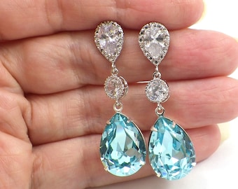 Light Turquoise Swarovski Crystal Teardrop Earrings, Sterling Silver Posts