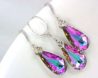 Swarovski Vitrail Light Teardrop Earrings and Necklace Set, Purple Pink Crystal Jewelry