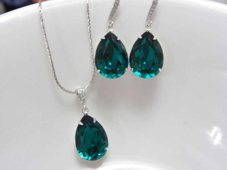 Dark Teal Teardrop Earrings, Green shade Dark teal Zircon Crystal Bridal Jewelry, Bridesmaid Gift, necklace and earring bridal earring image 4