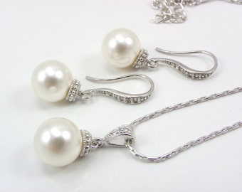 Pearl Earrings dangle, Pearl Necklace pendent, Swarovski Pearl bridal jewelry, Bridesmaid Gift, Bridesmaid earrings, Prom bridal earrings