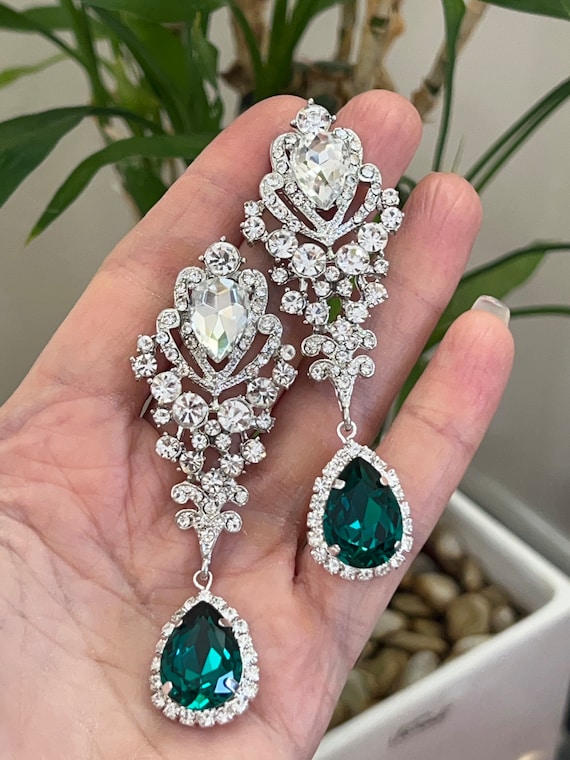 Chandelier Dark Teal Earrings, Teal Green Shade Wedding, Prom