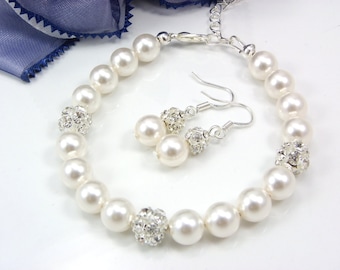 Swarovski Ivory Pearl Bracelet and Earrings, Sterling Silver Bridal Jewelry Set