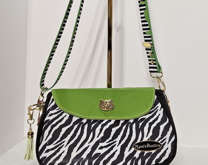 Handmade zebra print and green crossbody bag purse gifts for her faux leather waterproof canvas Beetle juice strap Mother's Day gifts