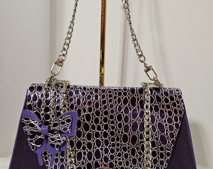 Purple crossbody bag croc flap faux leather purse silver chains eco-friendly fabric gifts for her Mother's Day gifts